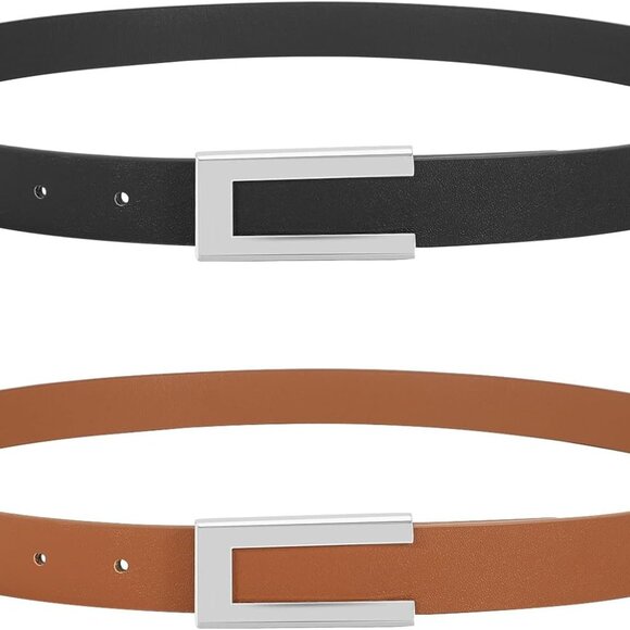 2 Pack Skinny Leather Belts for Women Thin Waist Dress Jeans Casual Stylish - Picture 1 of 5